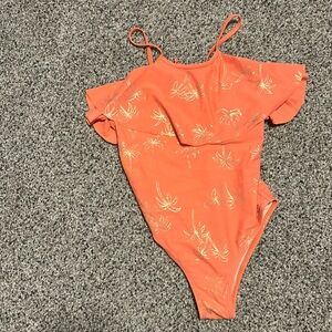 Tea Collection size 12 girls swim suit palm trees coral pink peach salmon